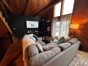 Smart TV, fireplace, video games, DVD player