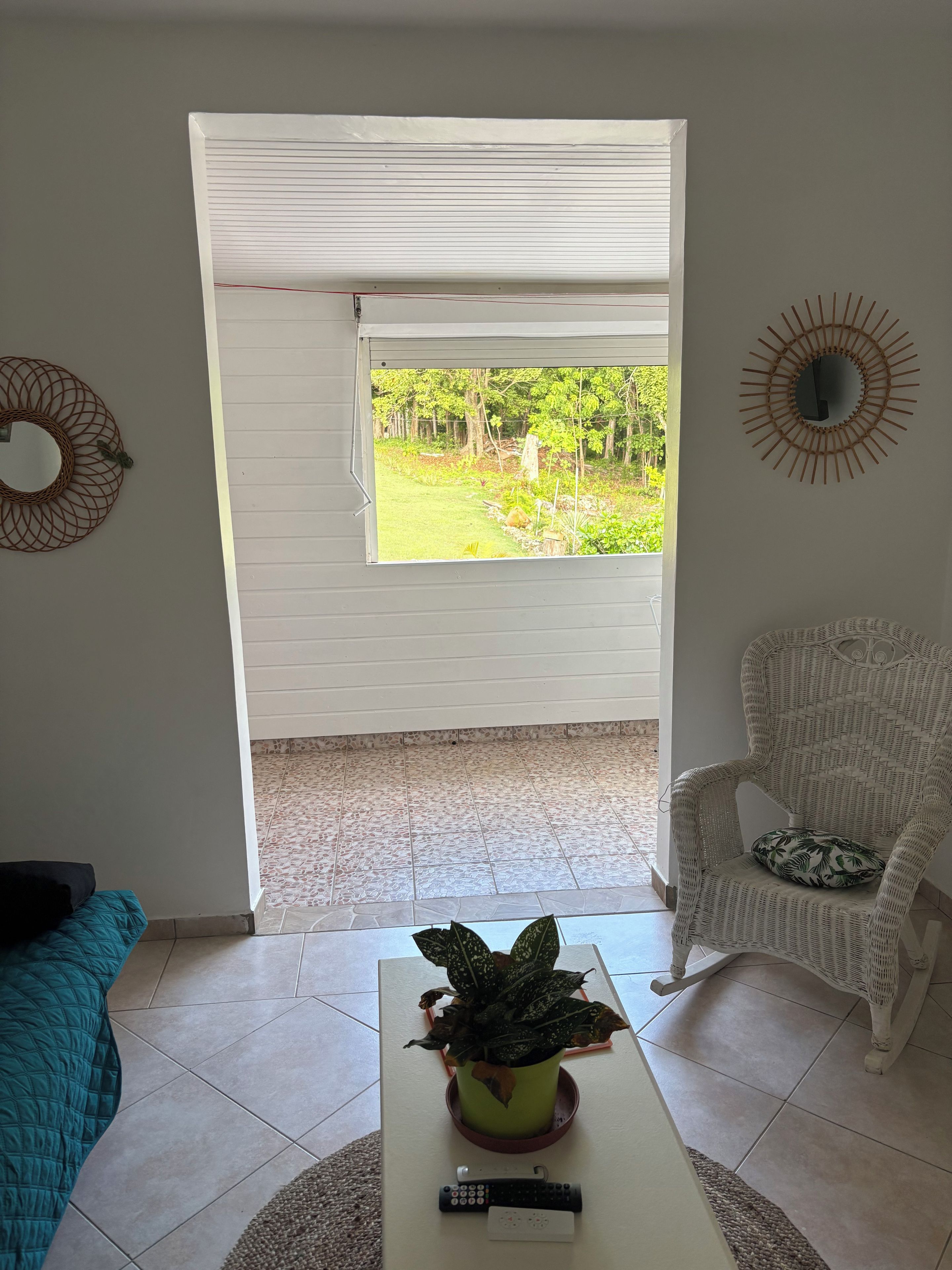 Un salón con vistas a un jardín a través de una ventana, una silla de mimbre, una mesa de centro con una planta y un control remoto sobre la mesa.