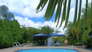 Una piscina con fuente de agua, rodeada de palmeras y una estructura tipo toldo azul.
