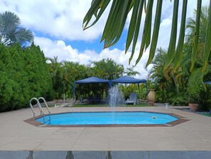 A swimming pool with a water fountain, surrounded by palm trees and a blue canopy structure.