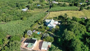 An aerial view of a property with a large house, a swimming pool, and surrounding lush greenery.