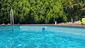 A swimming pool with clear blue water, surrounded by lush green trees. - La Palmeraie (formerly Maison Hator) in Grand-Bourg (Grand-Bourg)