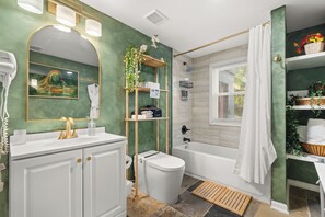 Eco-friendly toiletries, hair dryer, towels, soap