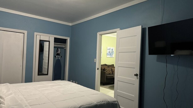 A bedroom with a bed, a wardrobe, a television, and a door leading to another room.