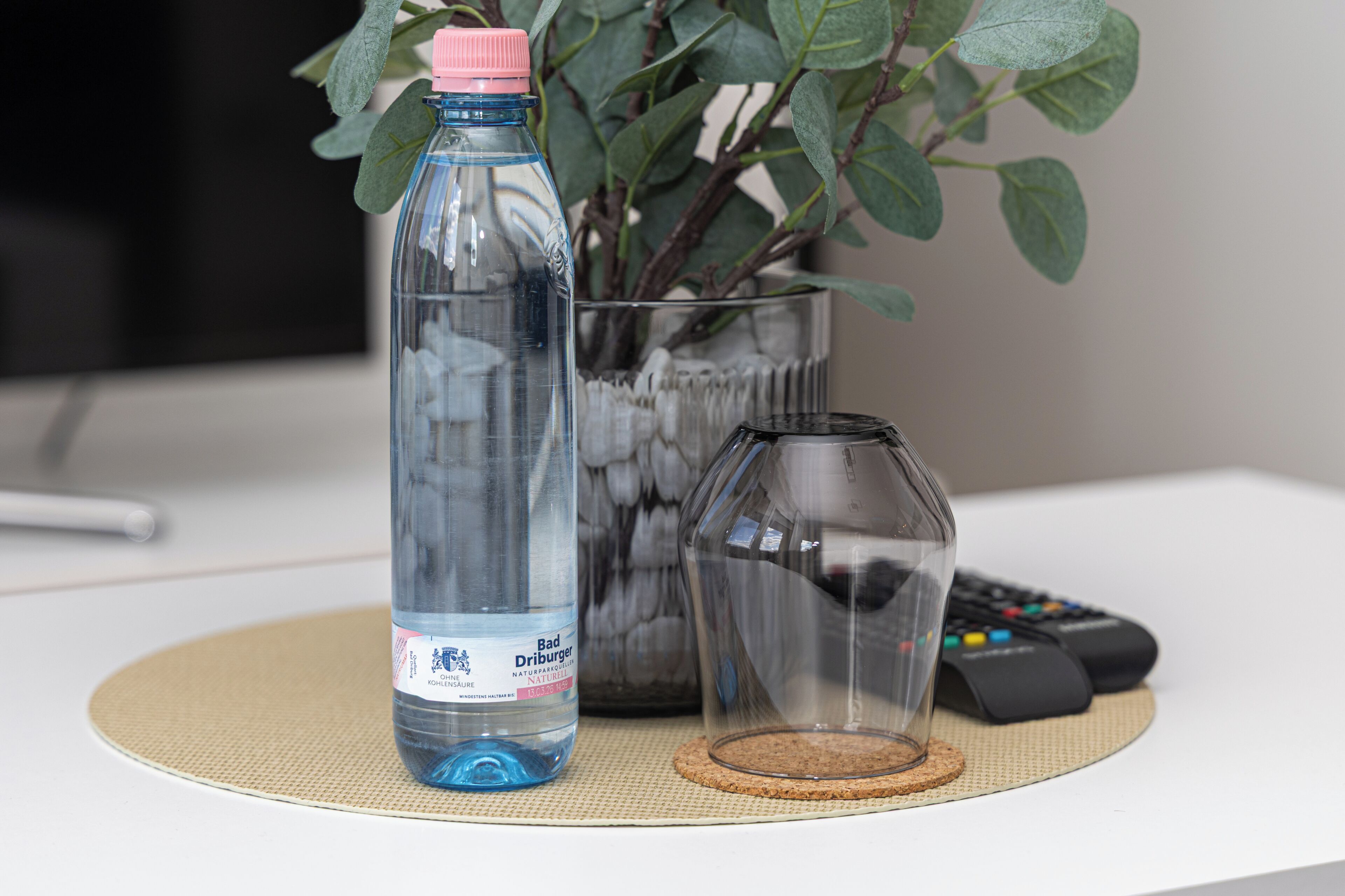 Una botella de vidrio transparente, un florero de vidrio con una planta y un control remoto sobre una mesa.