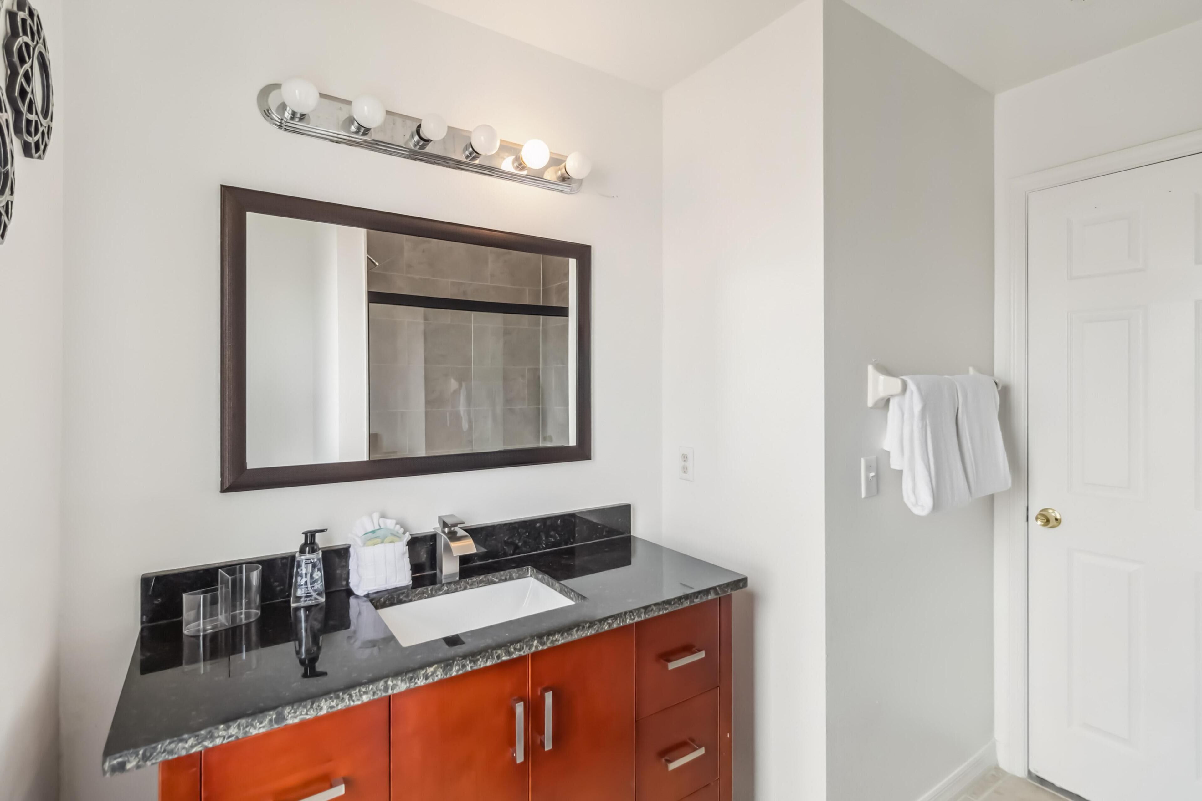 Une salle de bain avec un comptoir noir, un miroir et une porte blanche.