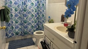 Kylpyhuoneessa on kuviollinen suihkuverho, wc-istuin, peilillä varustettu pesuallas ja ruukkukasvi.