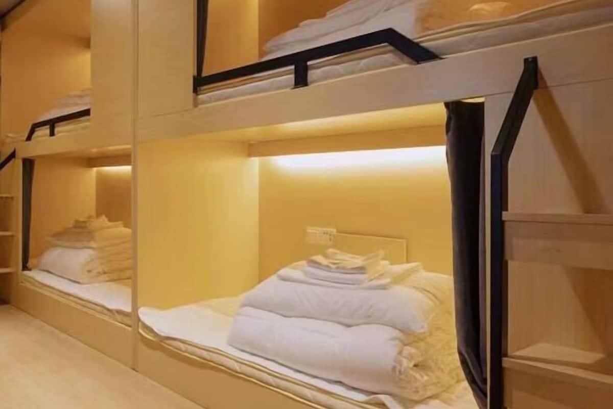 Desk, laptop workspace, blackout curtains, free WiFi
