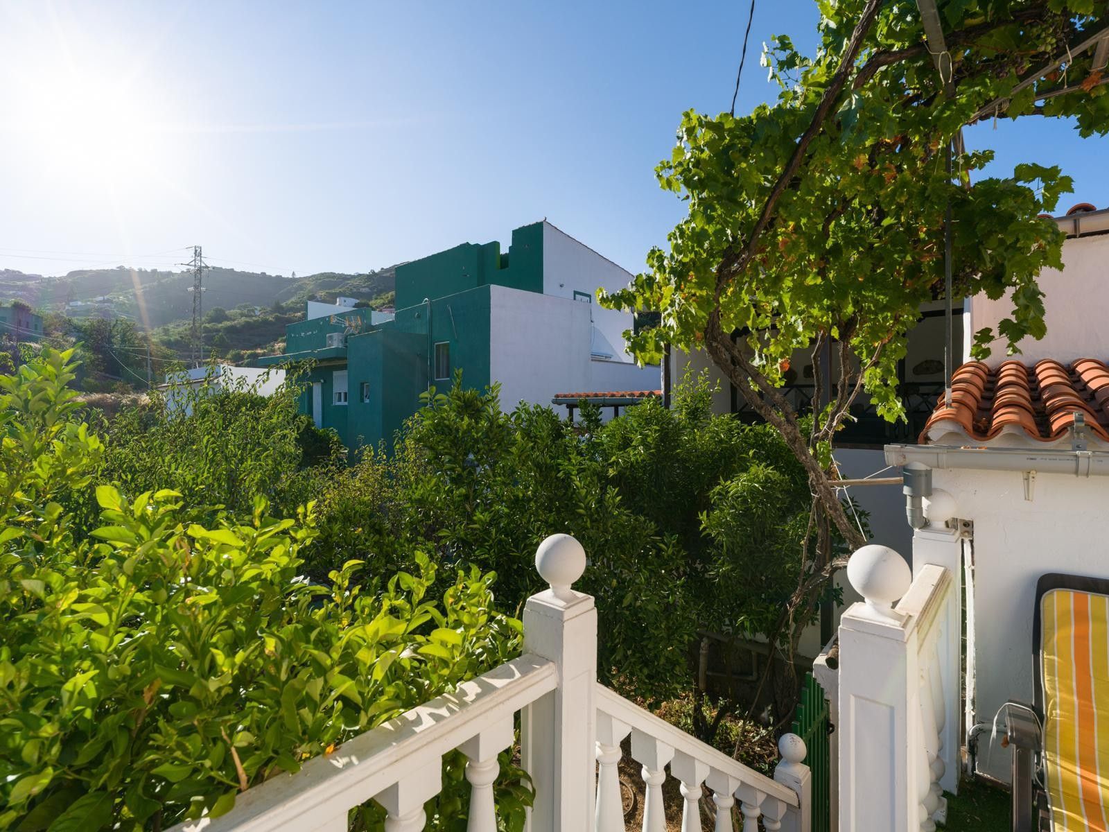 A residential area with a white fence, green foliage, and buildings with a modern design.
