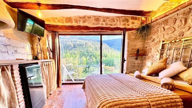 A bedroom with a bed, a TV, a small table, and a view of a forested area. - Apartment 'Duende' with Mountain View, Balcony and Air Conditioning (Olba)