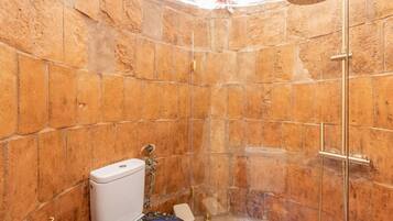 Ein Badezimmer mit Toilette, Dusche und Fliesen.
