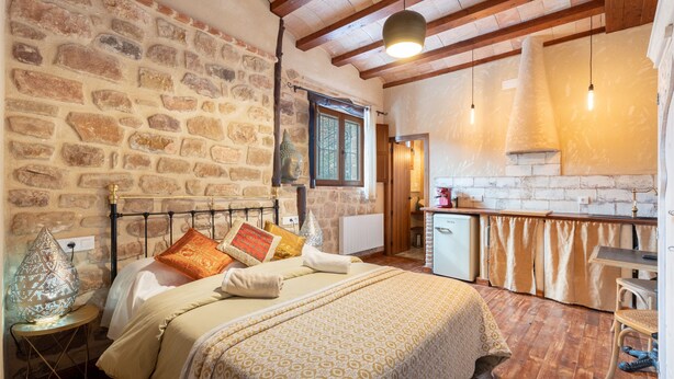 A bedroom with a stone wall, a bed with patterned bedding, a bedside lamp, and a view of a kitchen area.