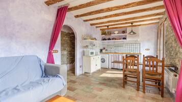 Una habitación acogedora con sofá, mesa de comedor con sillas, lavadora y zona de cocina con fregadero y estanterías.