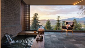 Una habitación moderna con vistas a montañas, una pequeña cascada interior y una zona de estar acogedora con una silla y una mesa.