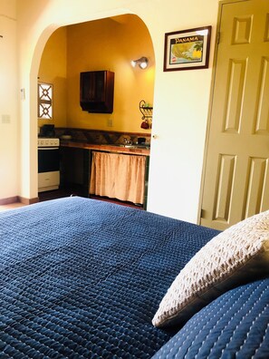 Slaapkamer met een groot bed, een keukenhoek met fornuis en spoelbak, en een deur met een lijstfoto van Panama.