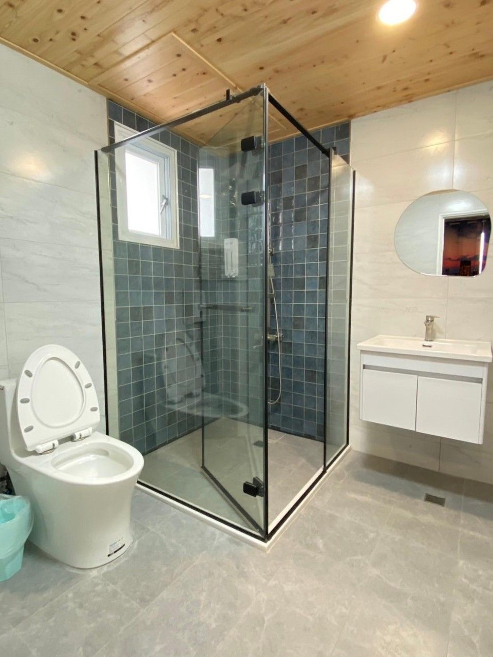 Un baño con ducha de vidrio, inodoro blanco y lavamanos con espejo.