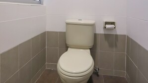 Ein Badezimmer mit Toilette, Toilettenpapierhalter und Fenster.