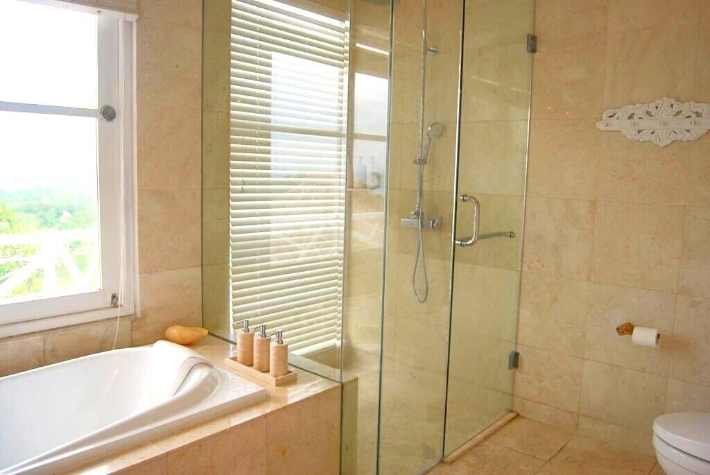 A modern bathroom with a glass-enclosed shower, a bathtub, and a toilet.