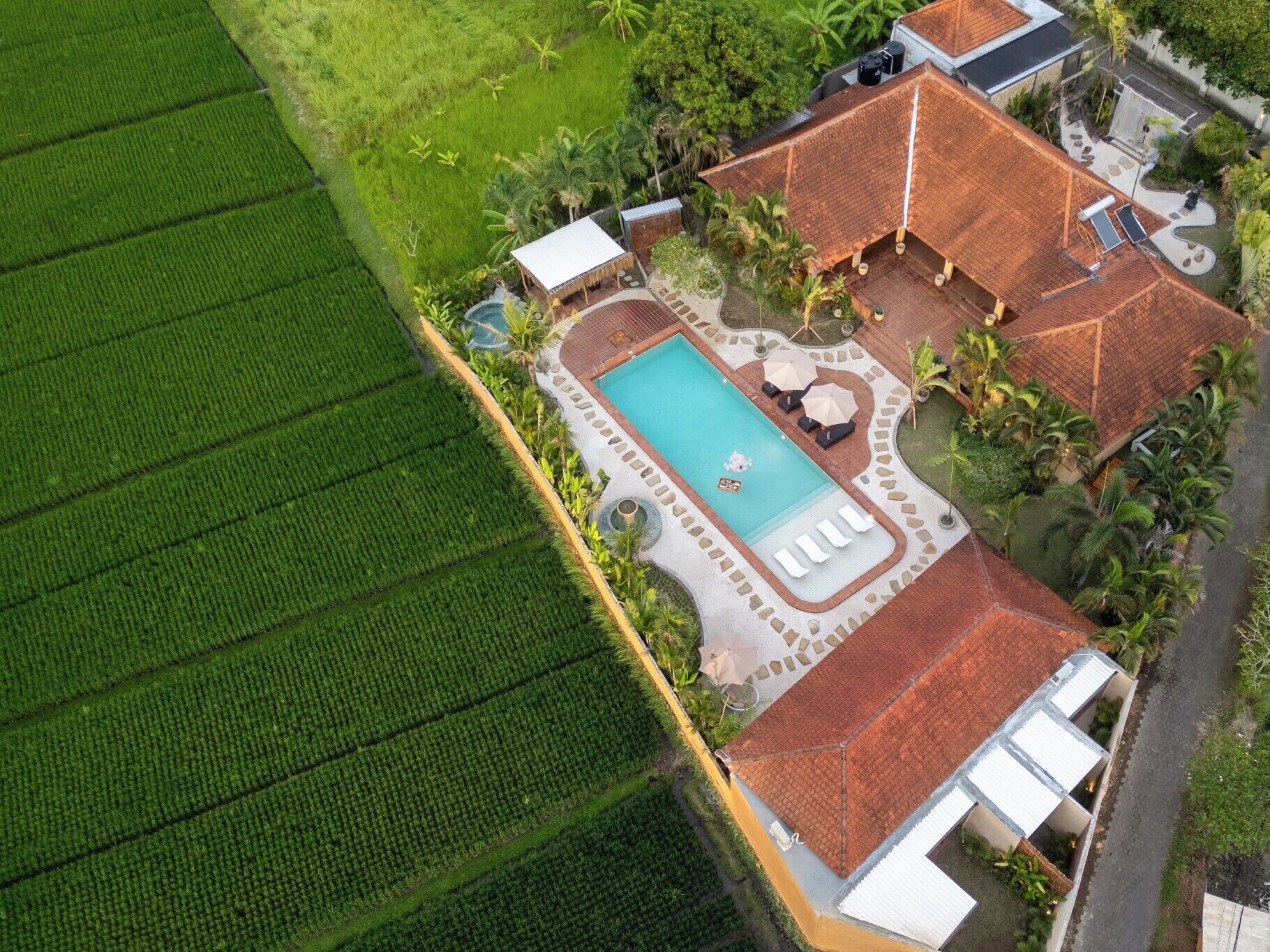 An aerial view of a property with a swimming pool, lounge area, and adjacent green fields.