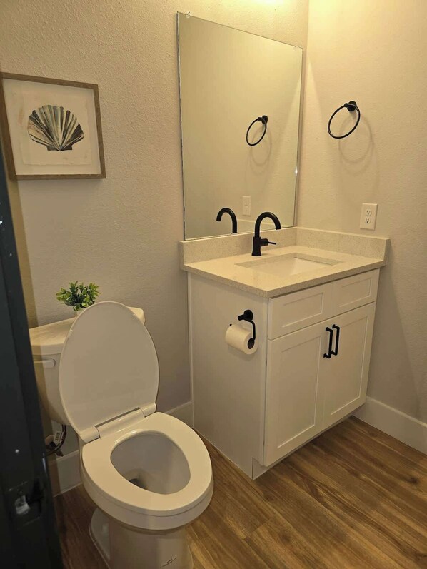 Un baño con inodoro, lavamanos, espejo y armario.