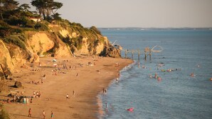 Una spiaggia con persone che nuotano e passeggiano sulla riva.