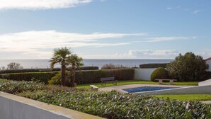 Un giardino curato con piscina, panchine e vista sul mare.