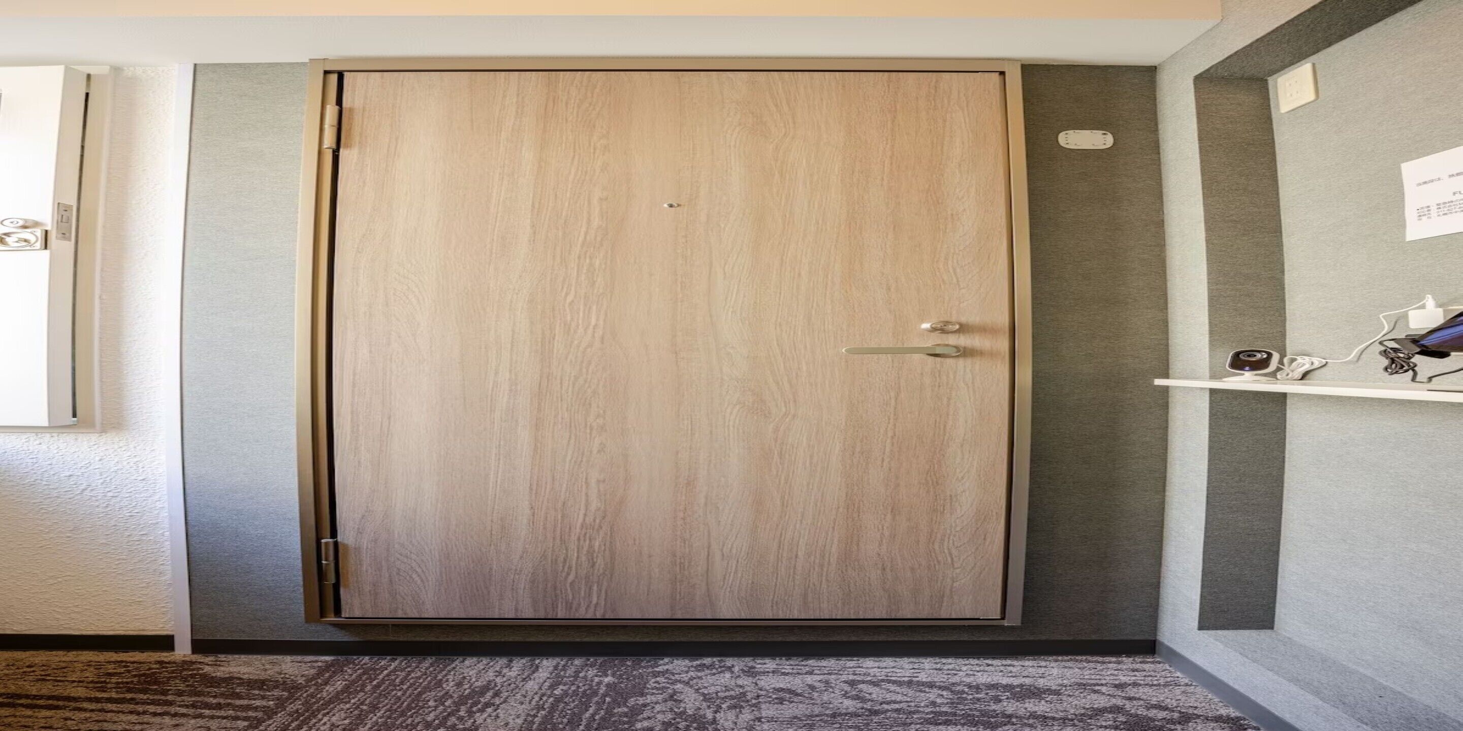 Una habitación con un armario de madera, una alfombra gris y una estantería con un objeto pequeño encima.