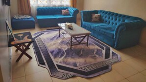A living room with two blue sofas, a coffee table, and a patterned rug.