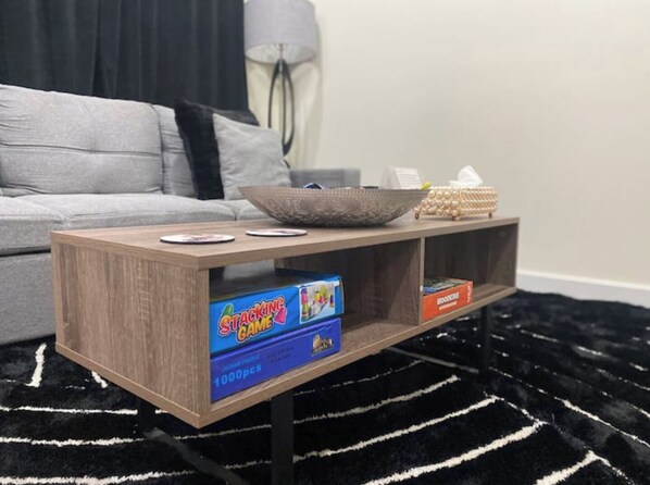 Smart TV, fireplace, books