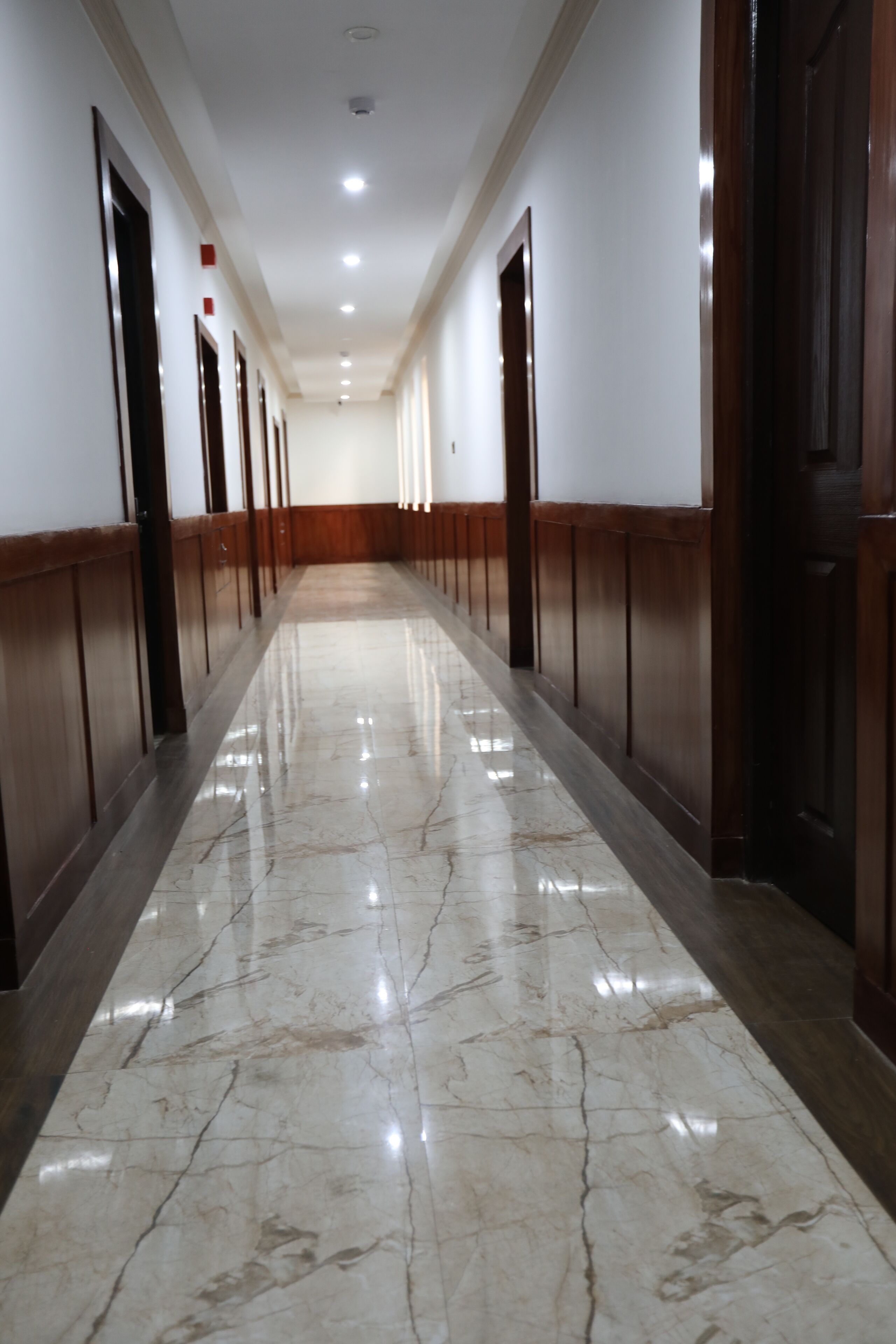 A long, polished hallway with wooden paneling and doors on both sides.