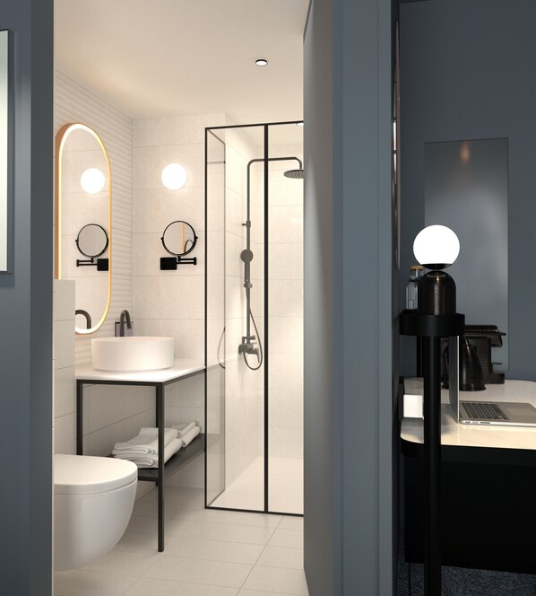 Shower, free toiletries, hair dryer, towels