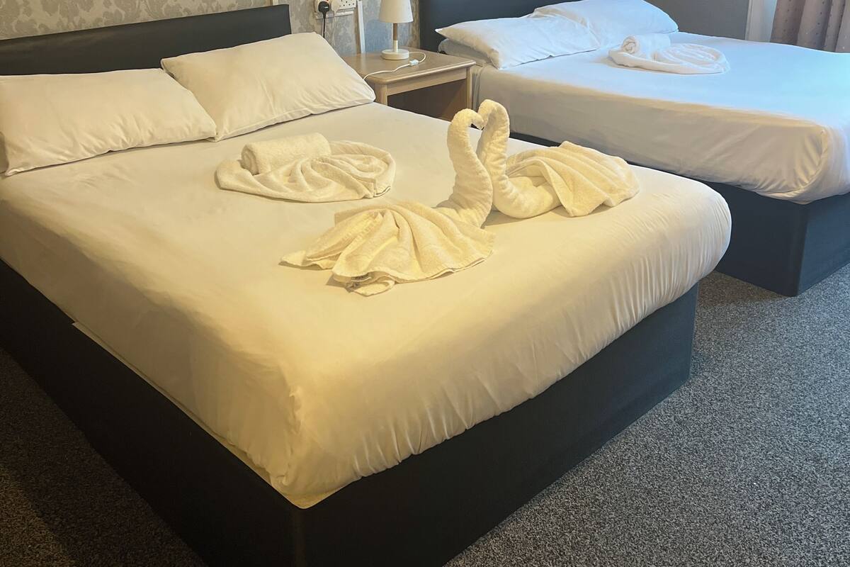 A hotel room with two beds, a flat-screen TV mounted on the wall, and a patterned wallpaper.