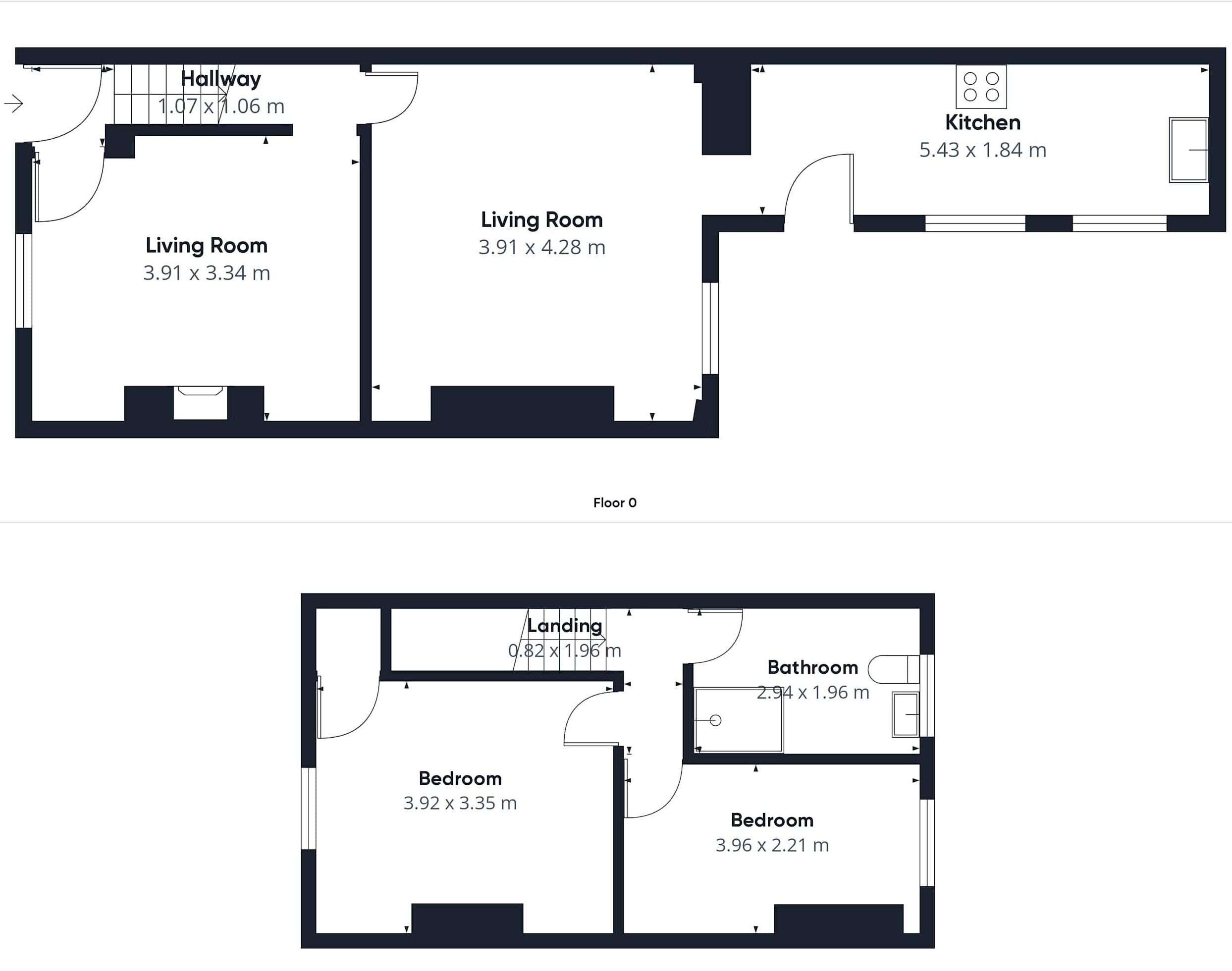 A floor plan of a hotel with two bedrooms, a living room, a kitchen, a bathroom, and a landing area.