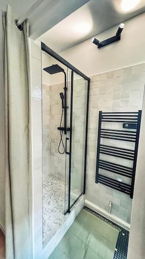 Hair dryer, towels, soap, toilet paper