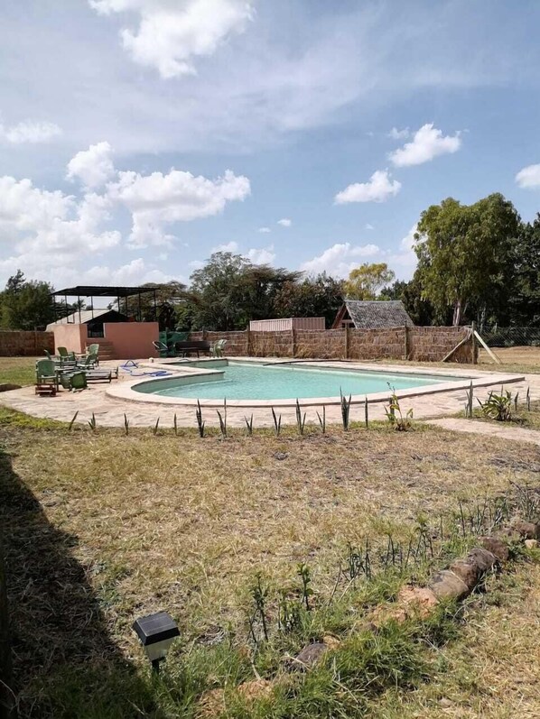 Ein Garten mit Pool, überdachter Sitzgelegenheit und umzäunter Fläche.