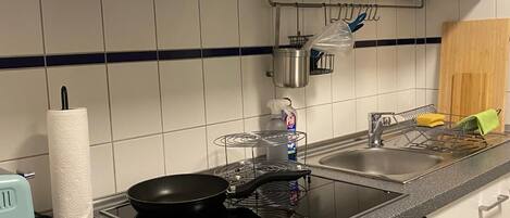 Frigorífico, microondas, horno y placa de cocina