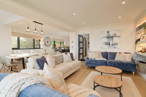 Smart TV, fireplace, books, stereo