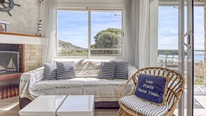 Une pièce comprenant un canapé-lit, un fauteuil en osier, une cheminée et une grande fenêtre donnant sur la mer et les arbres.