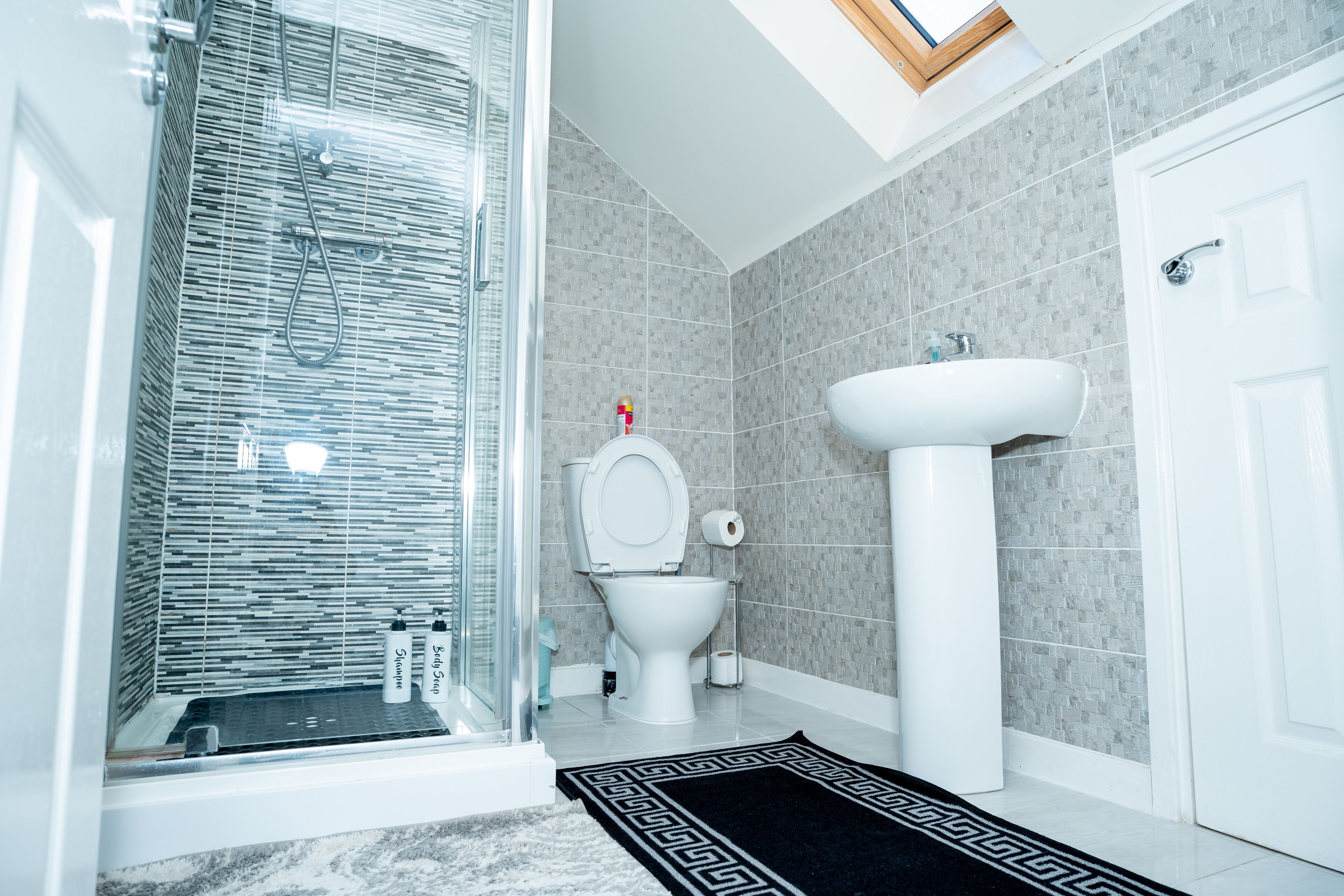 A modern bathroom with a glass shower enclosure, a toilet, a sink, and a black and white patterned rug.