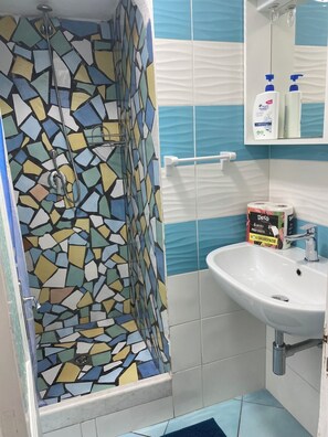 Shower, hair dryer, bidet, towels