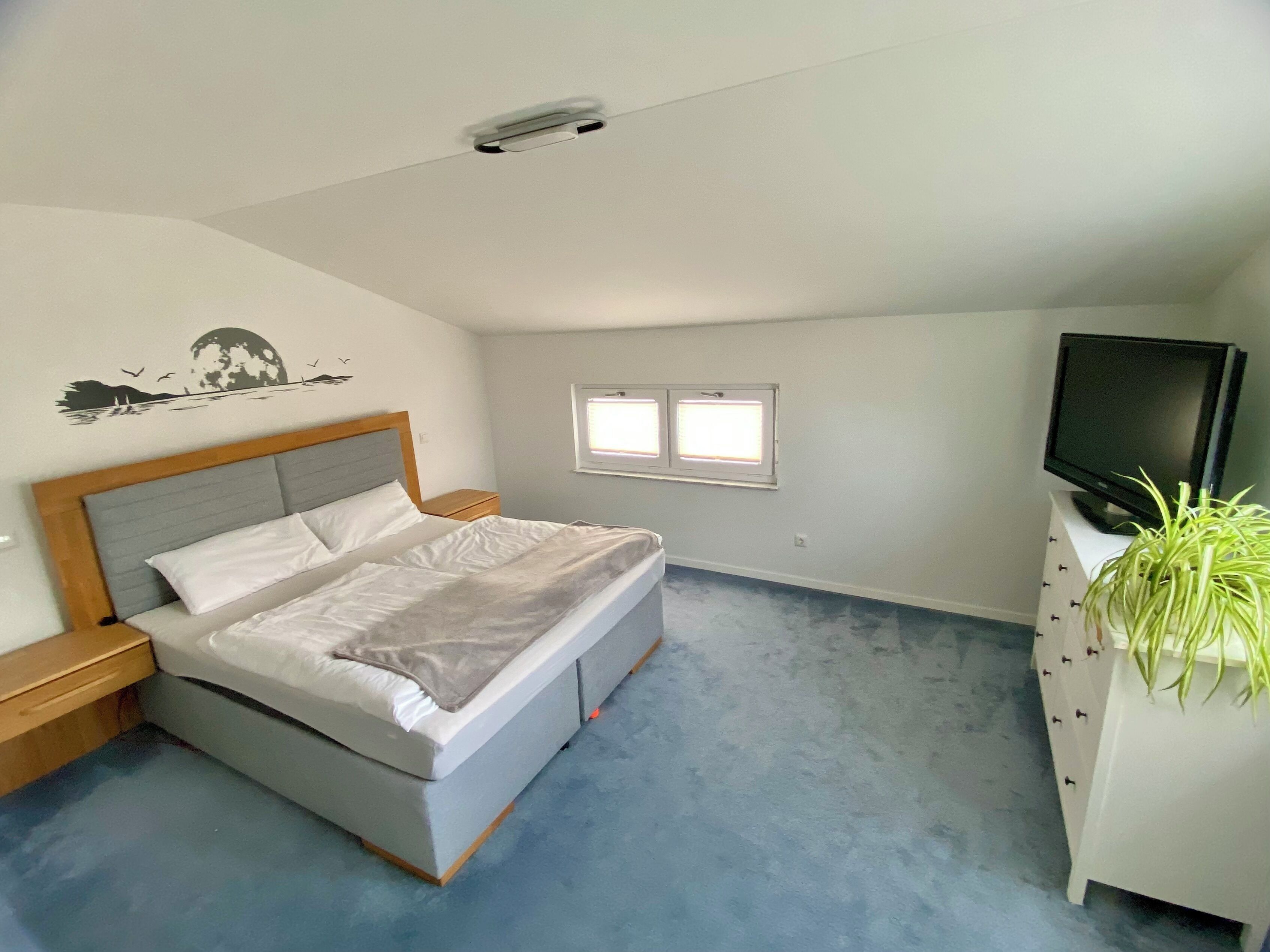 A bedroom with a bed, a nightstand, a dresser, a television, and a window.