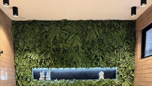 Un espace de bien-être doté d’un comptoir d’accueil en bois, d’un banc et d’un mur décoré de feuillages verts.