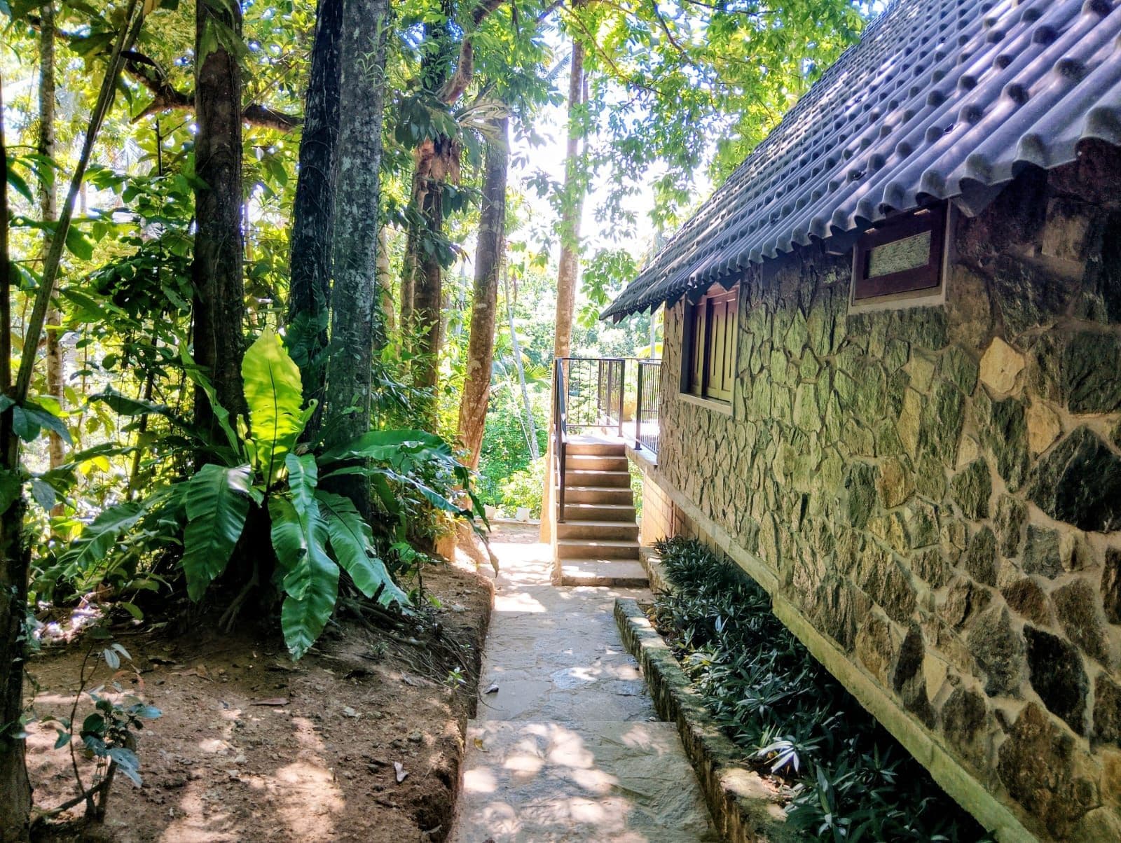 Un bâtiment en pierre avec un toit en tuiles, entouré d’une végétation luxuriante et un sentier en pierre menant à un escalier.