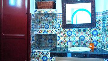 Hair dryer, towels, soap, toilet paper