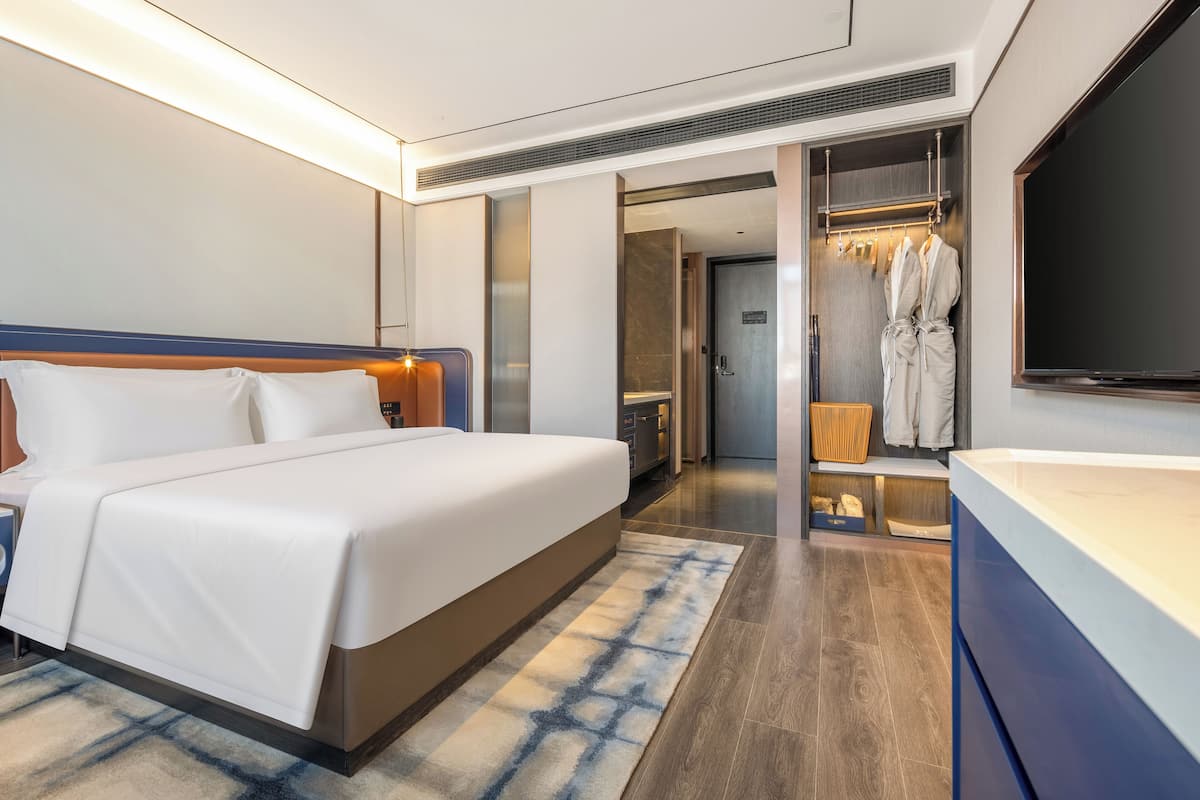 Una habitación de hotel moderna con una cama grande, un baño con ducha y una televisión.