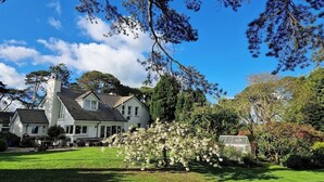 A large house with a well-maintained lawn and a flowering tree in the foreground. - Drumee Lodge (Castlewellan)
