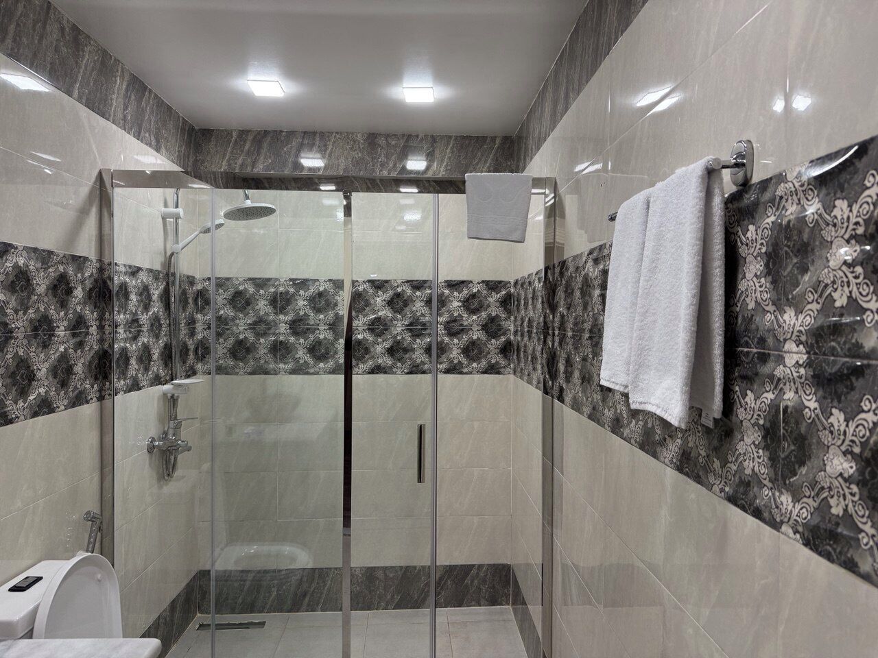 A modern bathroom with a glass-enclosed shower, a toilet, and a sink.