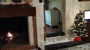 A cozy living room with a fireplace, a Christmas tree, and a dining area visible through an archway. - Villa Sara of Apulia - Triple (Masseria Gaudella)