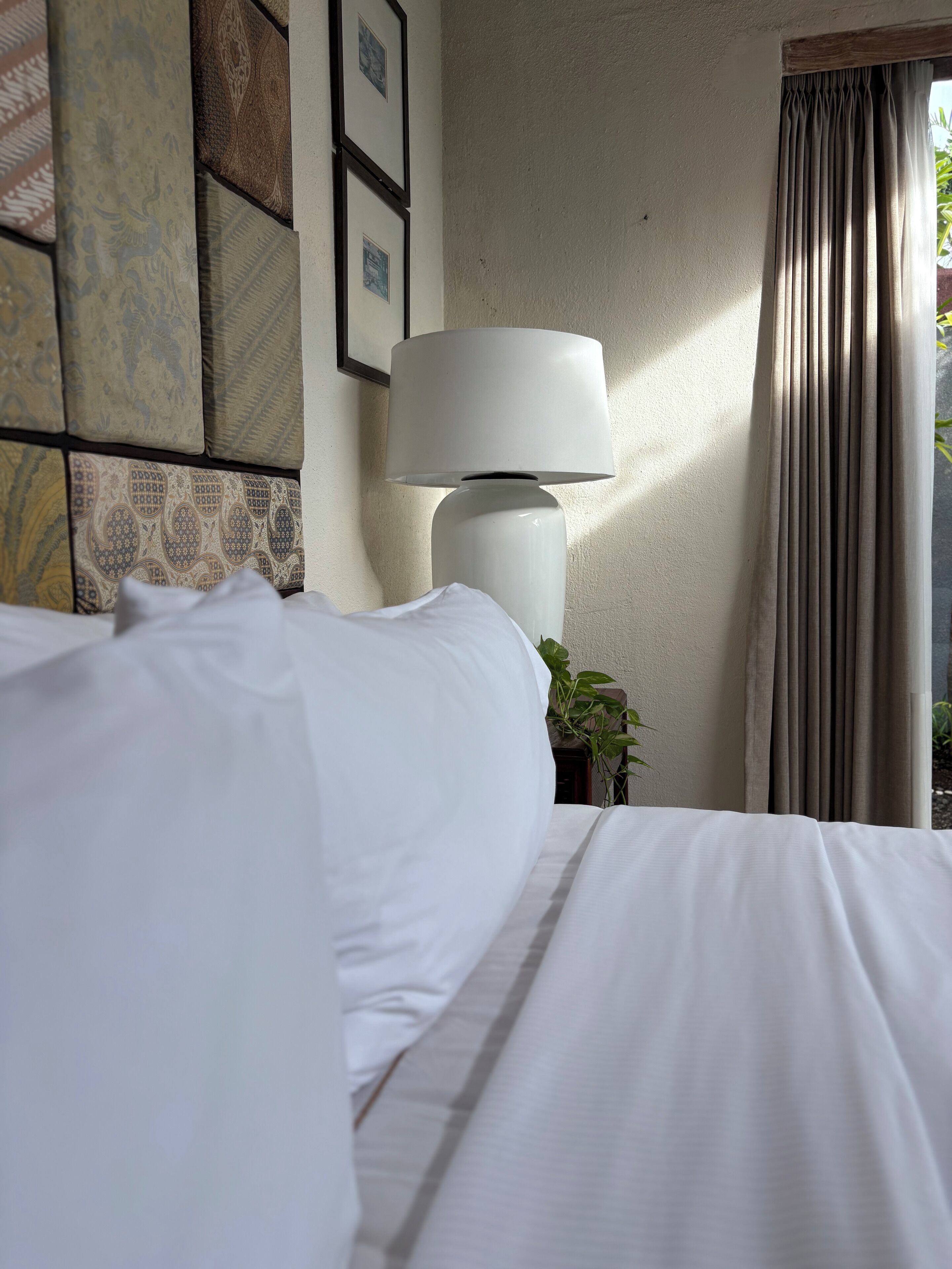 A neatly made bed with white linens, a wall-mounted lamp, and a potted plant beside it.