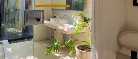 Une salle de bain moderne avec une paroi de verre, un lavabo, un miroir et une plante en pot.